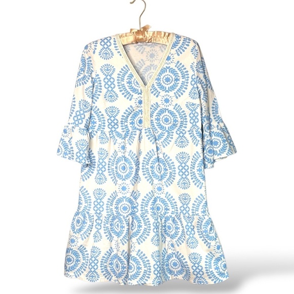 GIORGIA GIANNINI Santorini Mini Dress Bell Sleeves Embellished V-Neck Tiered Sm - Picture 3 of 12